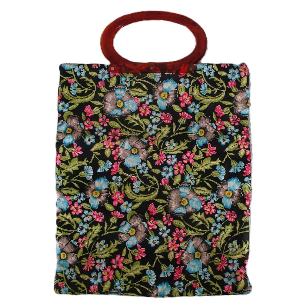 Vintage Black Floral Knitting Small Tote Bag Folding Snap Side Purse Shopper